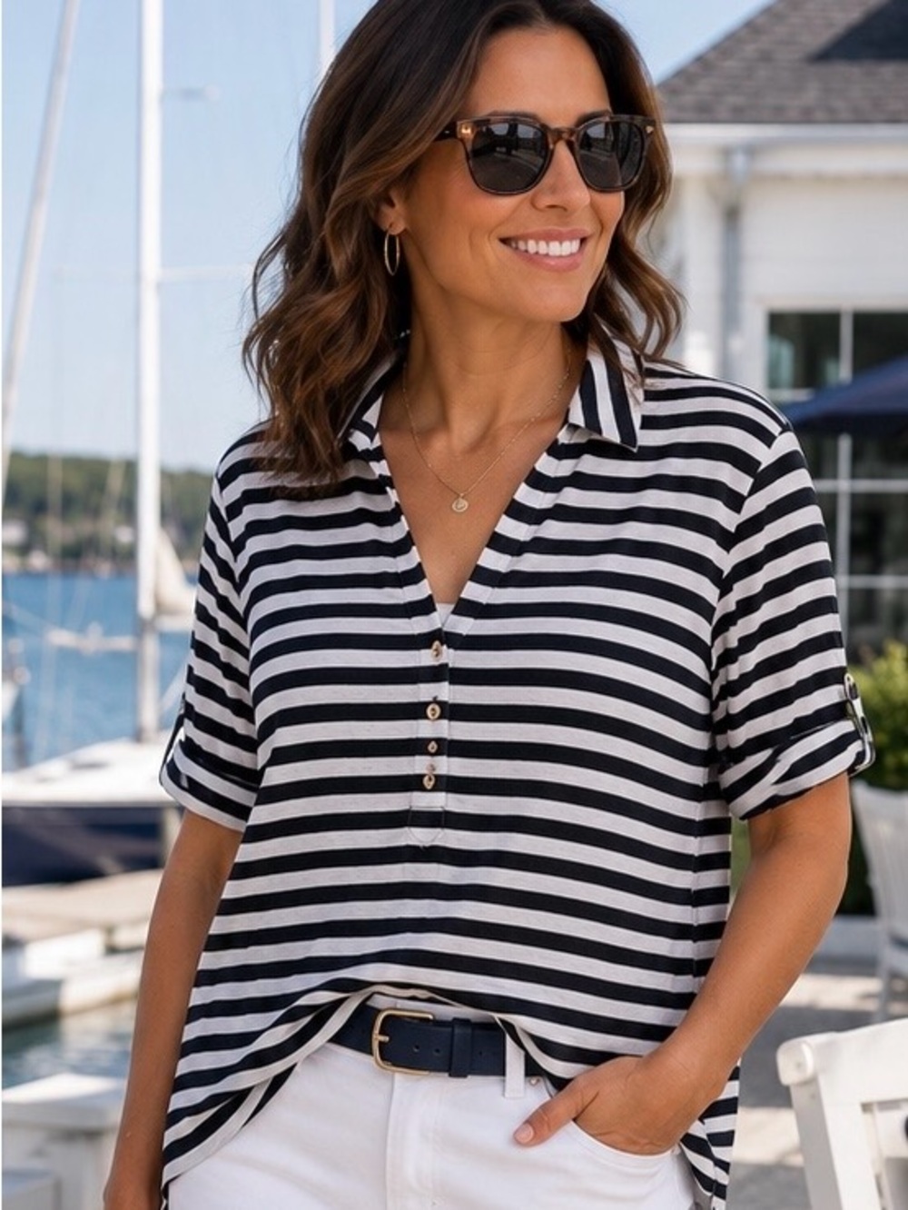 Chico’s Top Striped V-neck Collar Linen Navy White Stripe Short Sleeve Boxy XL